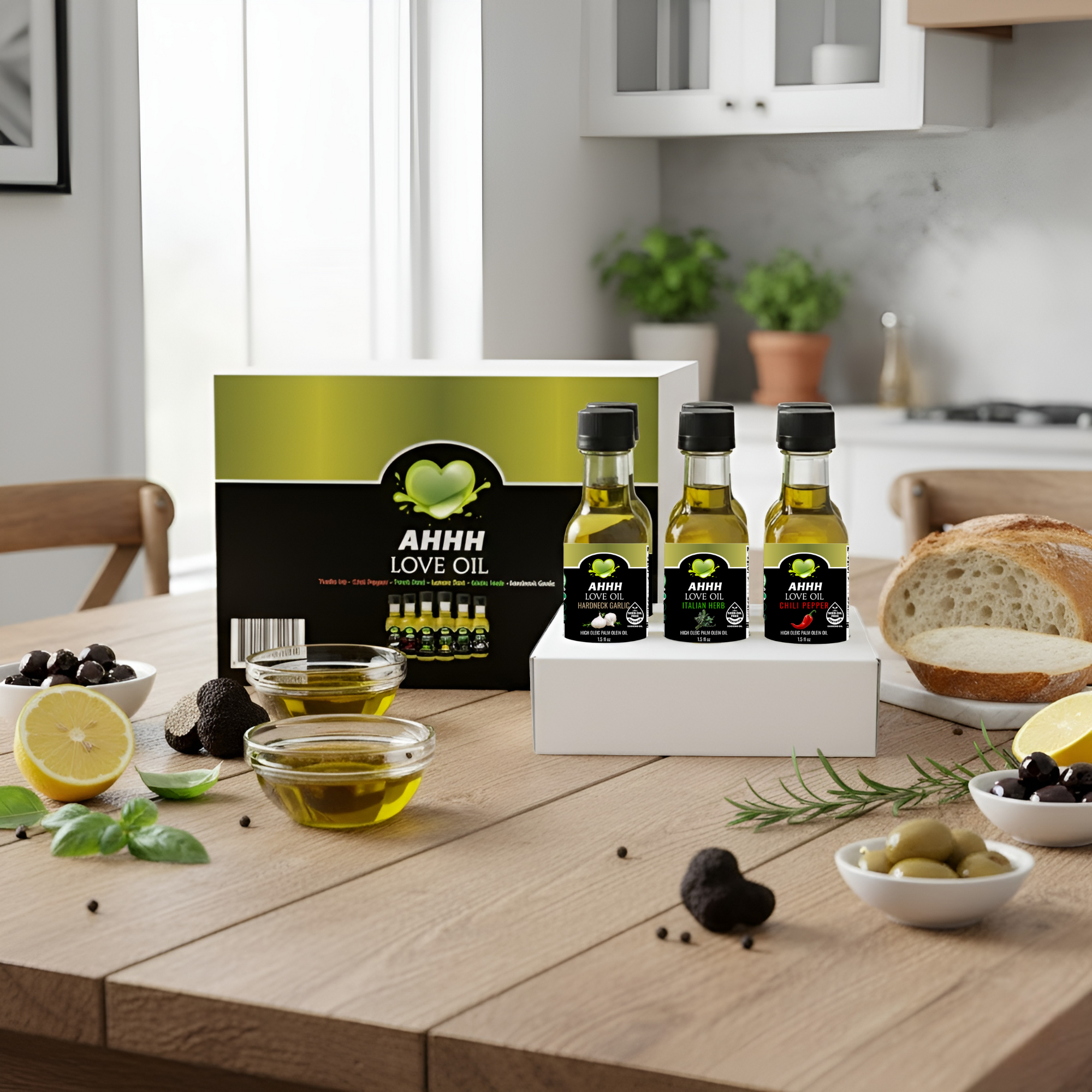 AHHH Love Oil 1.5oz 6-Pack plant-based high-heat cooking oil sampler with all signature flavors