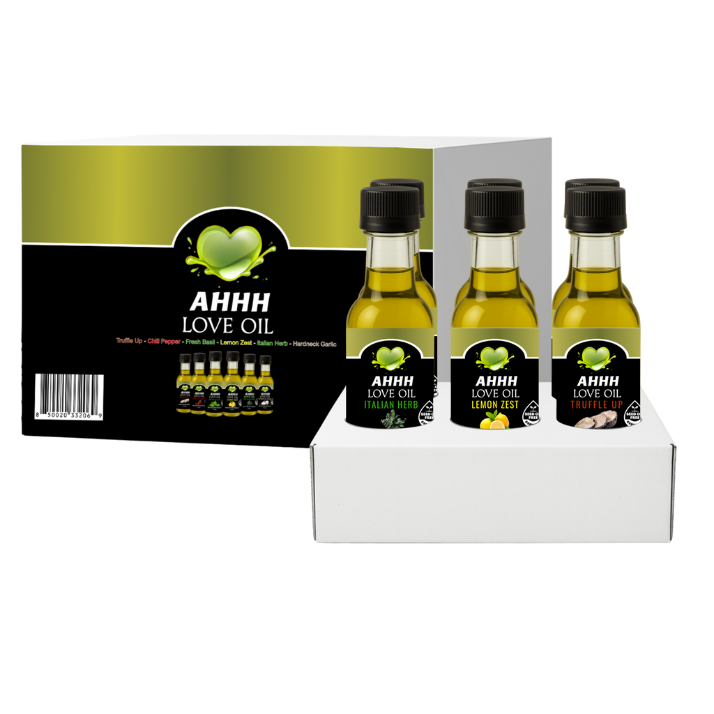 AHHH Love Oil 1.5oz 6-Pack plant-based high-heat cooking oil sampler with all signature flavors