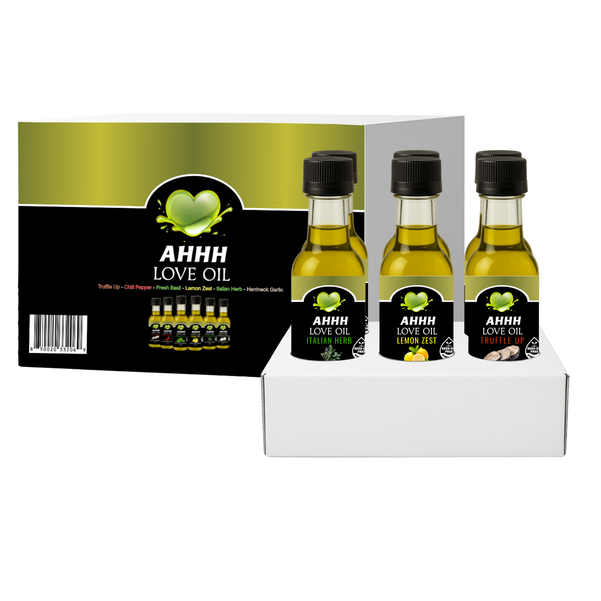 AHHH Love Oil 1.5oz 6-Pack plant-based high-heat cooking oil sampler with all signature flavors
