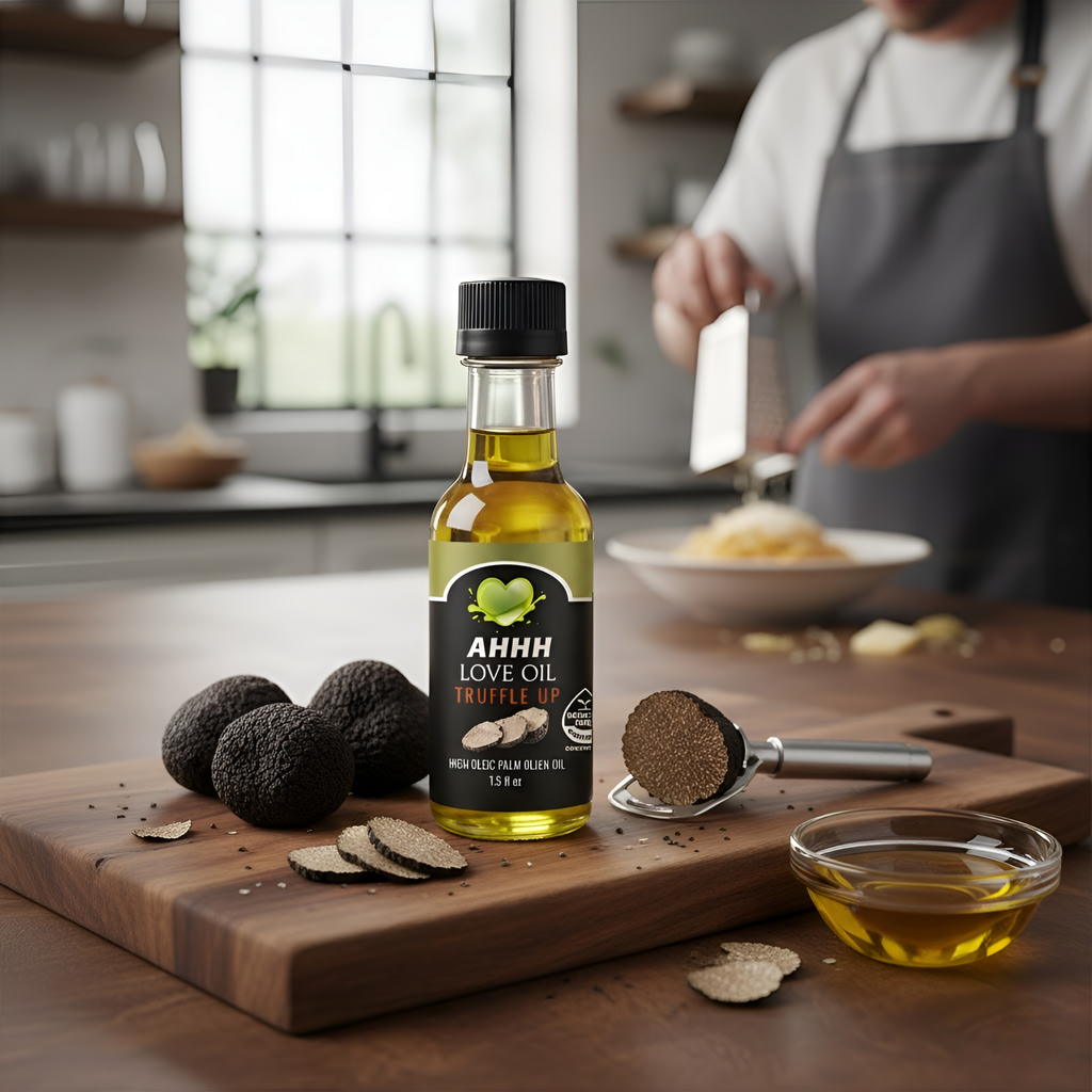 AHHH Love Oil six-flavor sample set with herbal, spicy, citrus, and truffle-infused high-heat oils