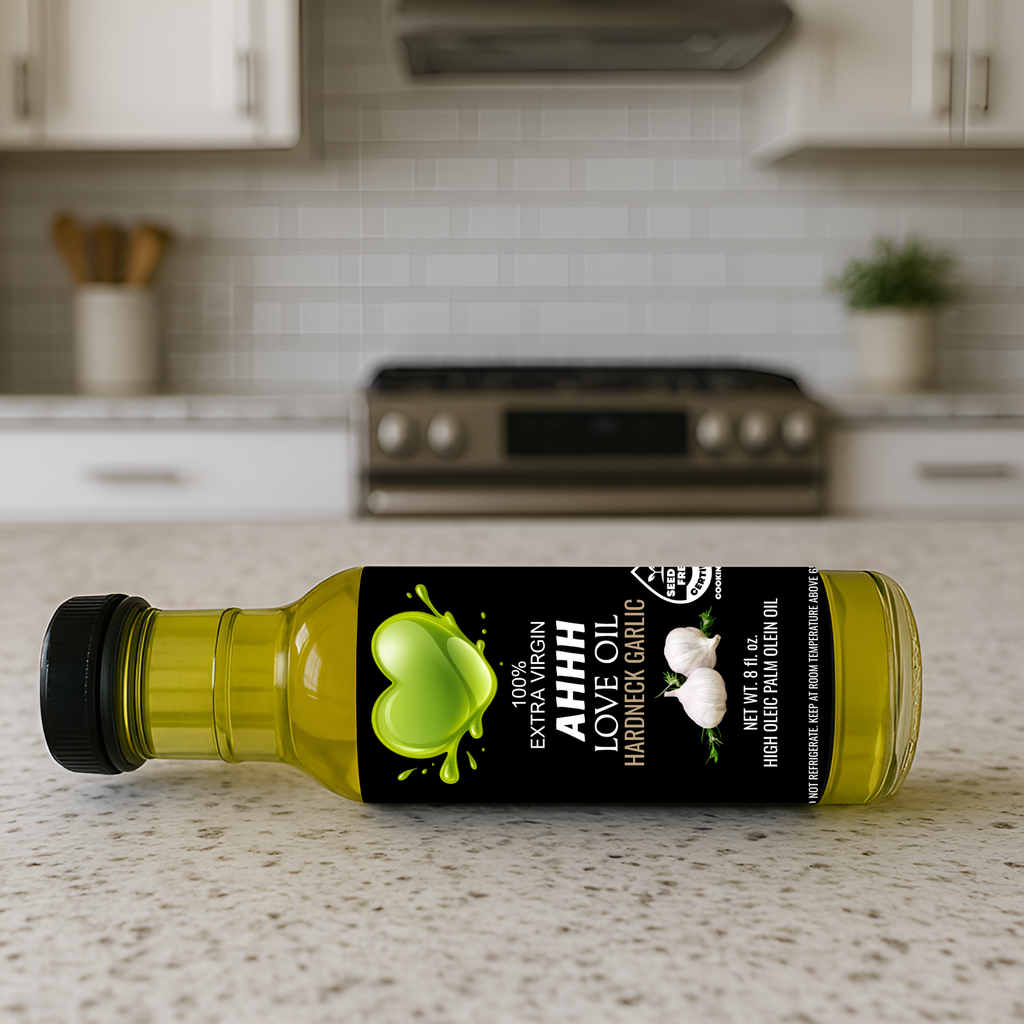 AHHH Love Oil Hardneck Garlic infused high-heat oil delivering deep savory garlic taste