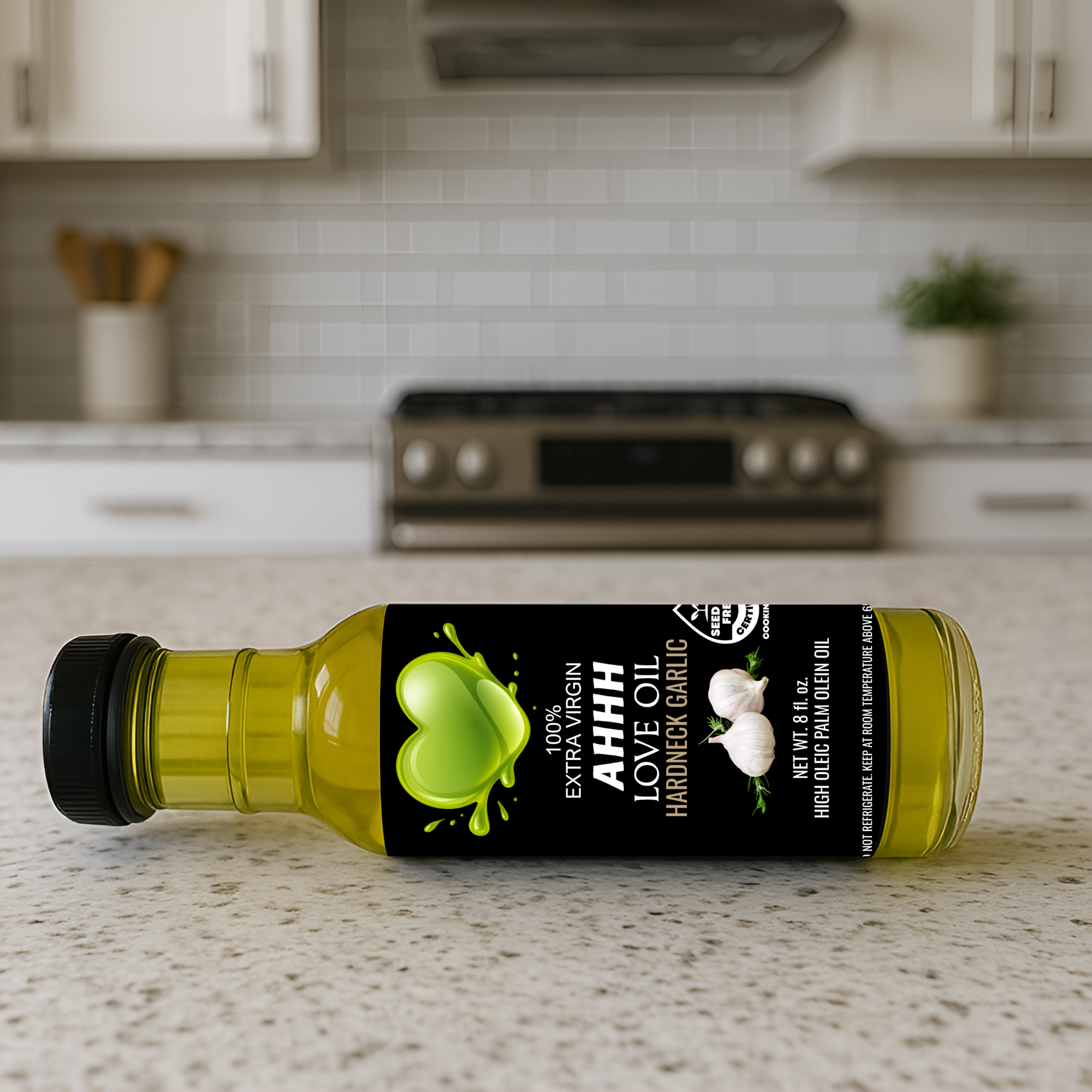 AHHH Love Oil Hardneck Garlic infused high-heat oil delivering deep savory garlic taste