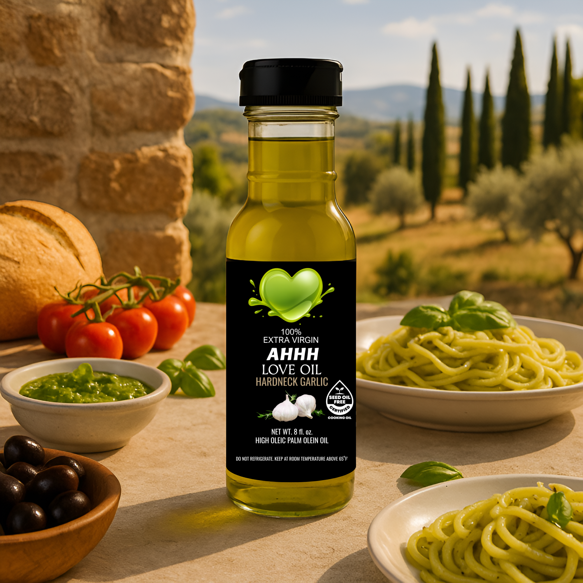 Plant-based Hardneck Garlic AHHH Love Oil crafted for rich flavorful high-temperature cooking