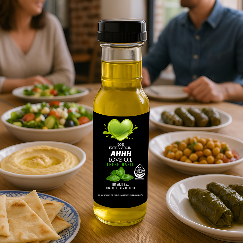 Plant-based Fresh Basil AHHH Love Oil crafted for healthy high-temperature cooking