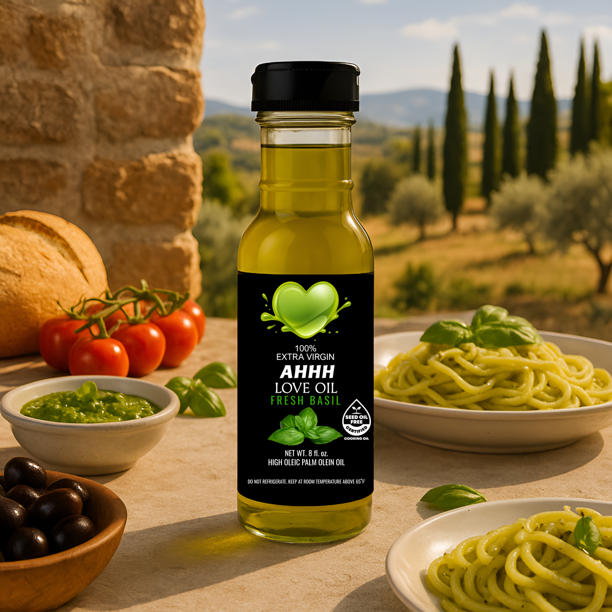 Fresh Basil flavored AHHH Love Oil premium plant-based oil for clean flavorful meals