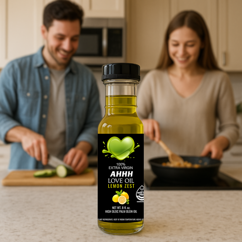 AHHH Love Oil Lemon Zest infused high-heat oil delivering vibrant citrus taste