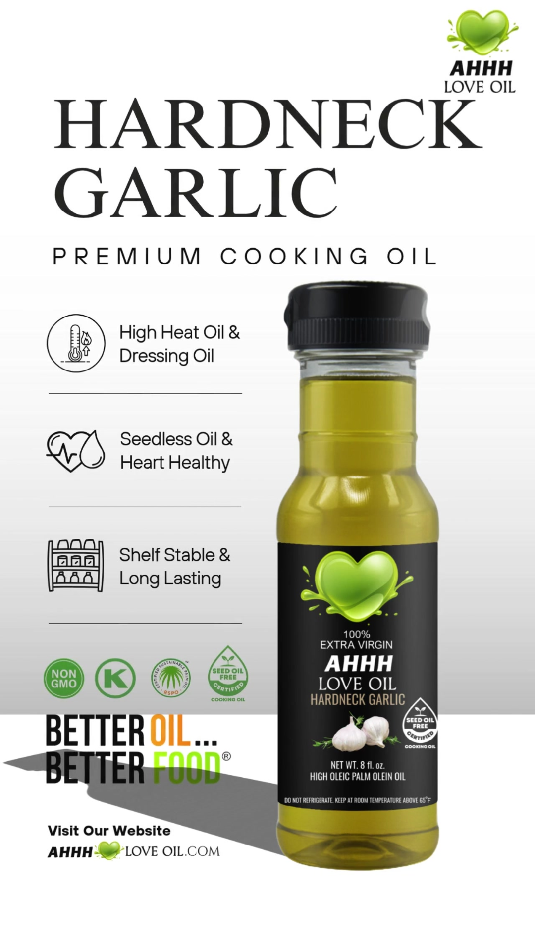 Hardneck Garlic flavored AHHH Love Oil premium plant-based oil for clean bold meals