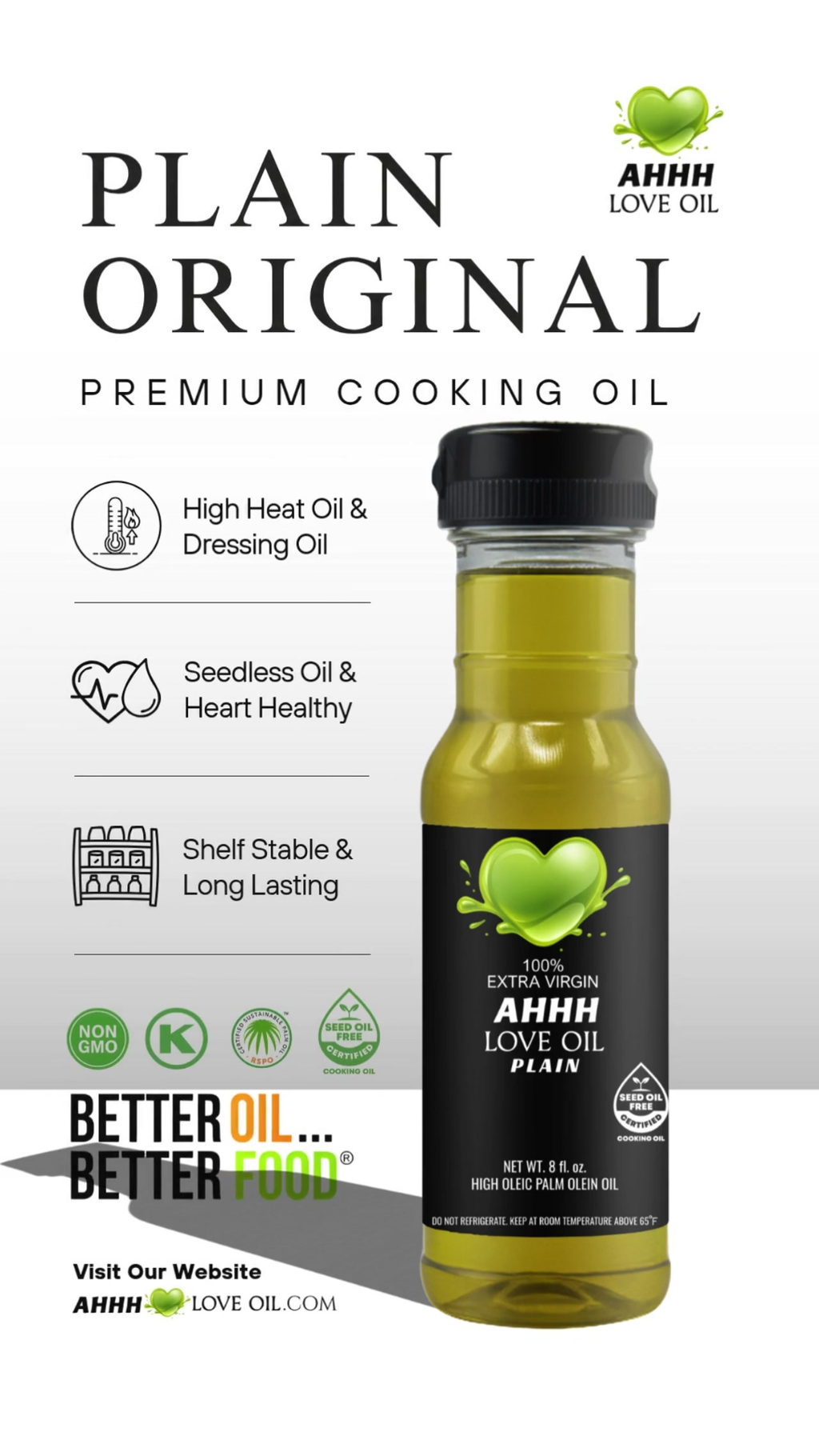 AHHH Love Oil Plain Original natural high-heat oil supporting healthy everyday cooking